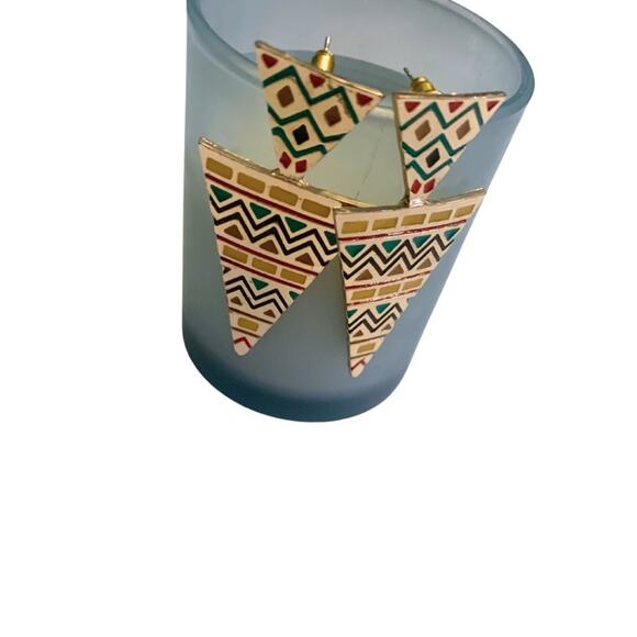Colorful Gold Triangle Earrings Statement Tribal African Aztec Red Yellow Green - Picture 4 of 6